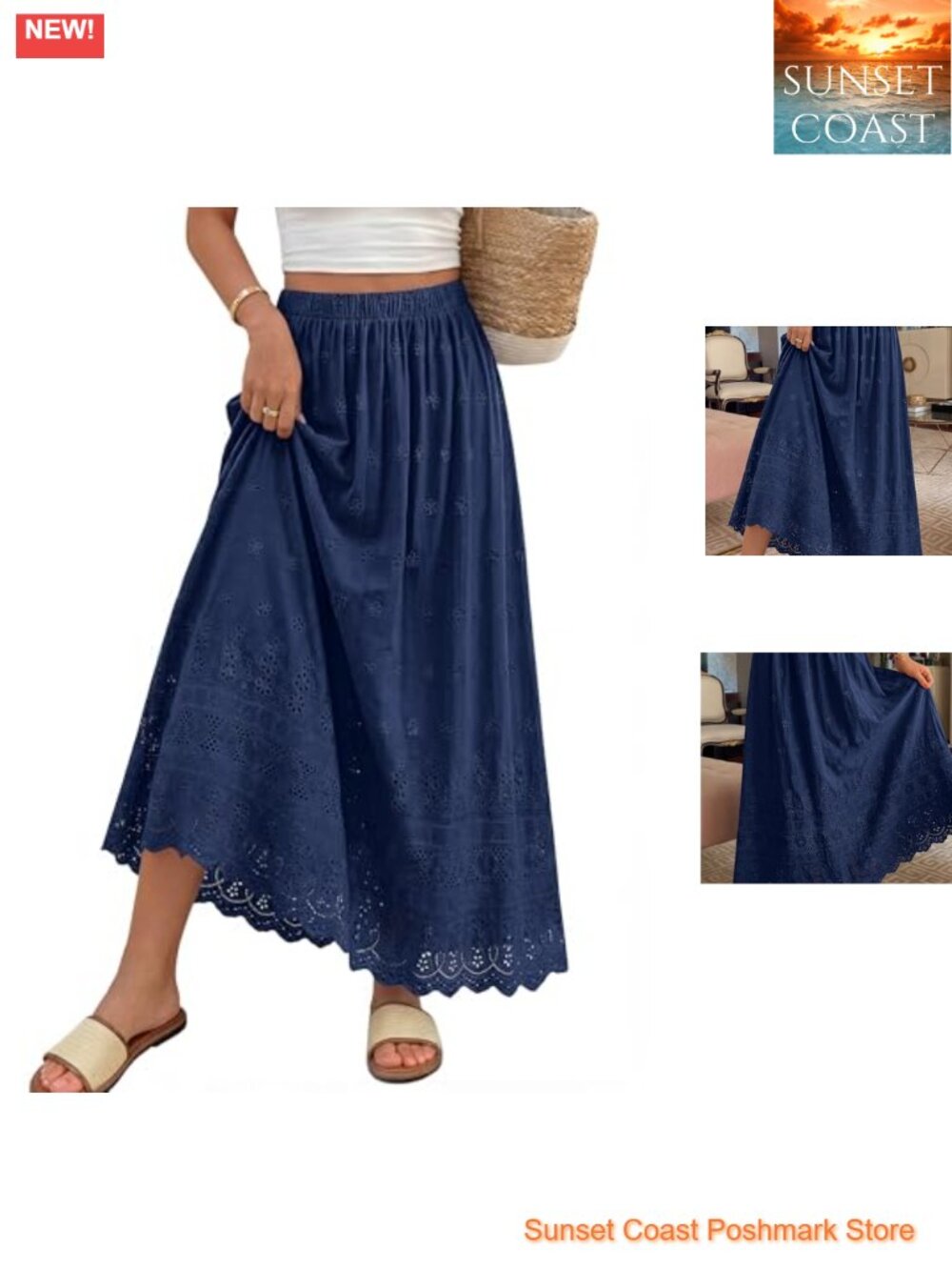 Cotton Maxi Skirt High Waist Boho Eyelet A-Line Flowy Long Skirt Spring